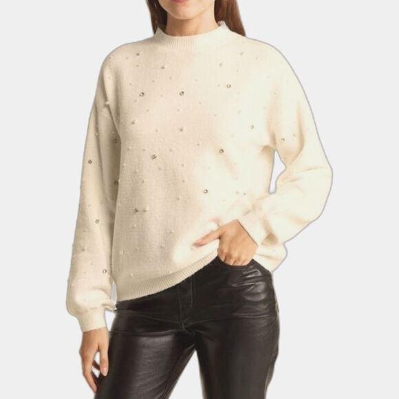 H&M Wool Pearl Studded Oversized Crewneck Sweater Women's Small Preppy Holiday - Picture 4 of 12